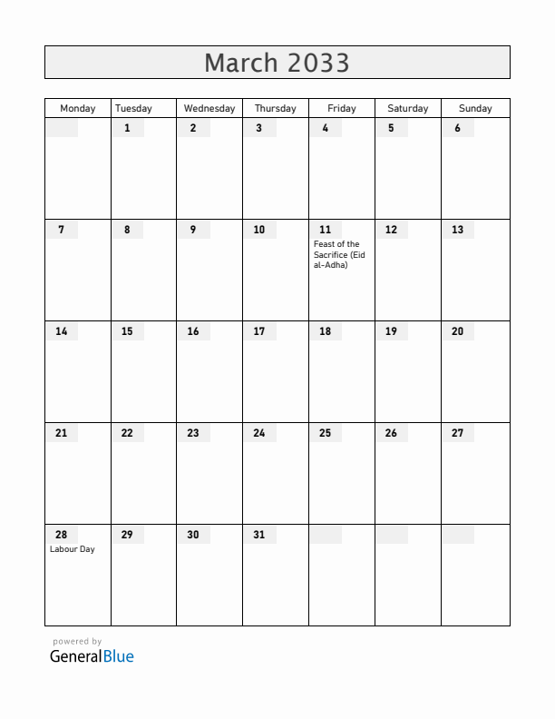 Christmas Island March 2033 Calendar with Holidays
