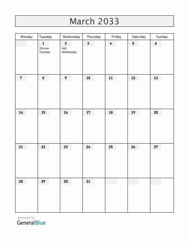 Germany March 2033 Calendar with Holidays