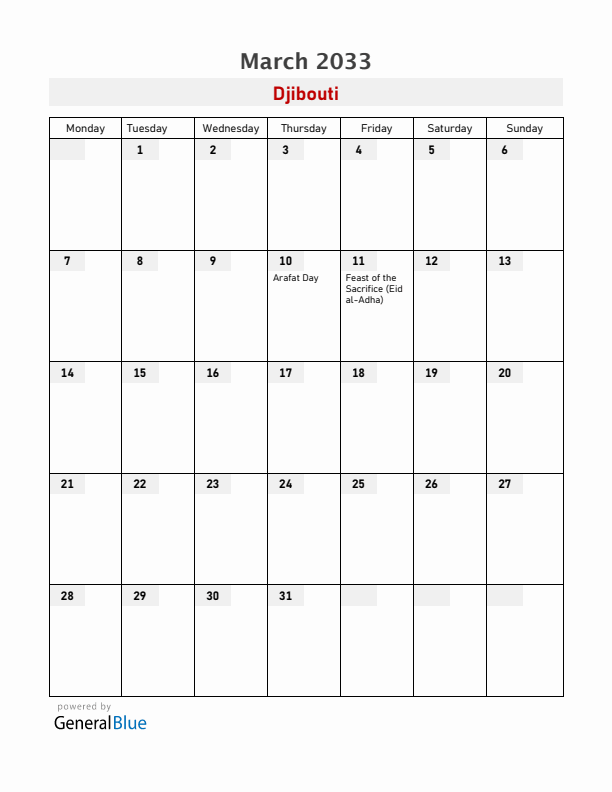 Djibouti March 2033 Calendar with Holidays