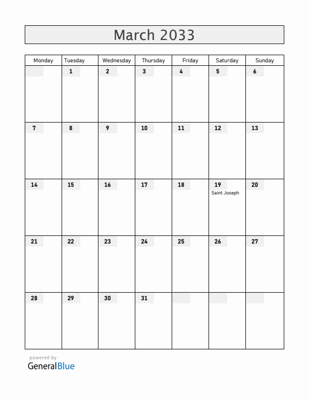 Spain March 2033 Calendar with Holidays