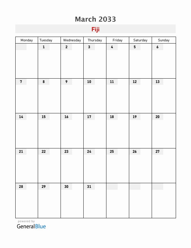 Fiji March 2033 Calendar with Holidays