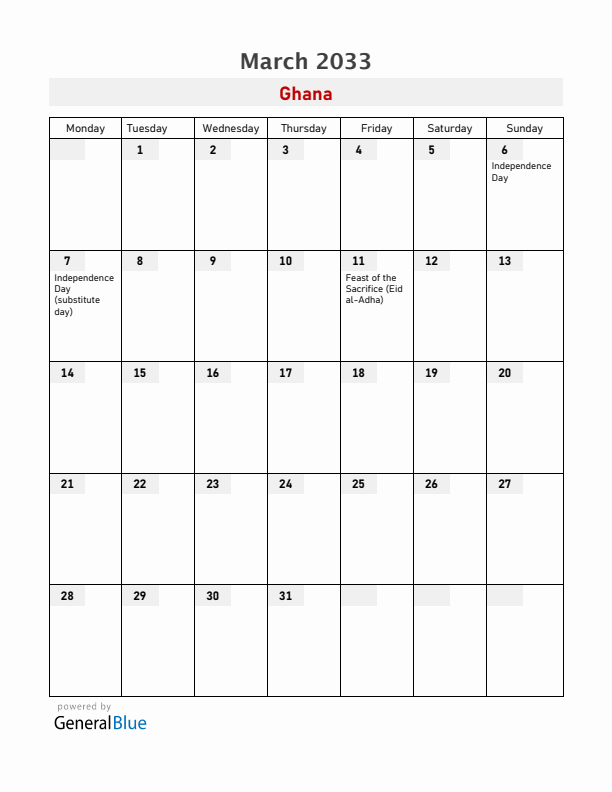 Ghana March 2033 Calendar with Holidays