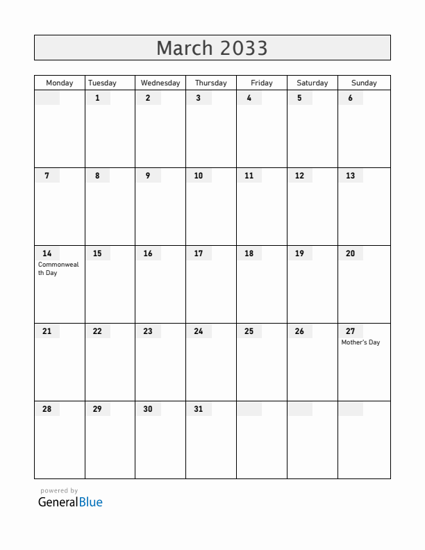 Gibraltar March 2033 Calendar with Holidays