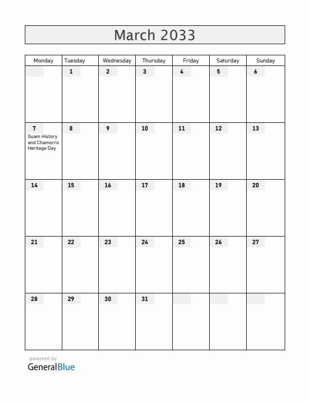 Guam March 2033 Calendar with Holidays