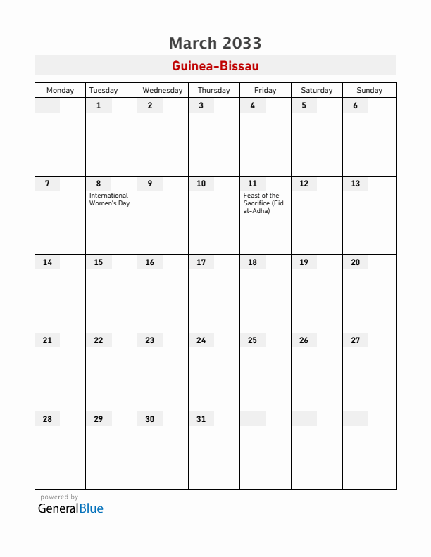 Guinea-Bissau March 2033 Calendar with Holidays