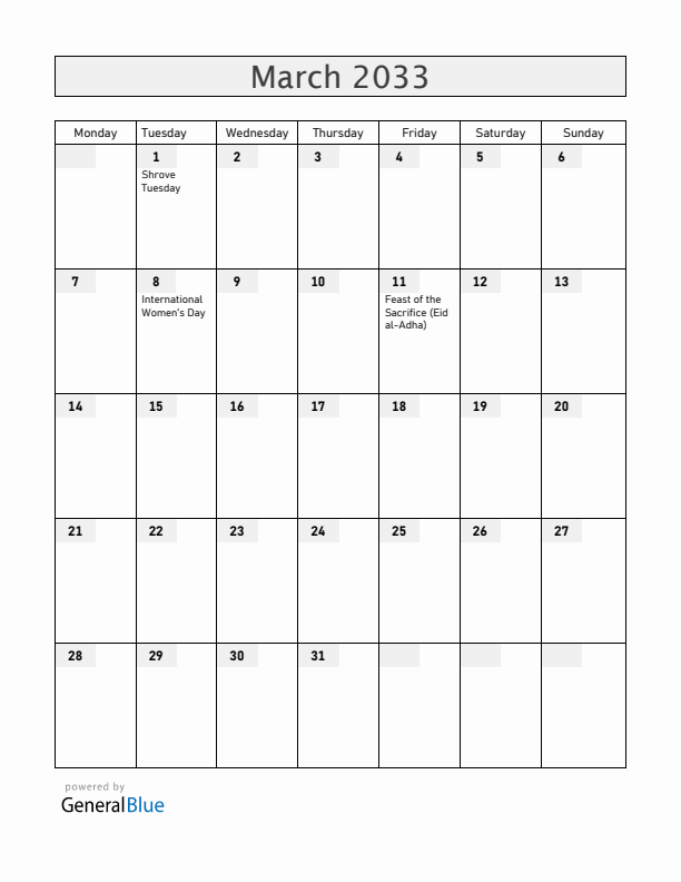 Croatia March 2033 Calendar with Holidays