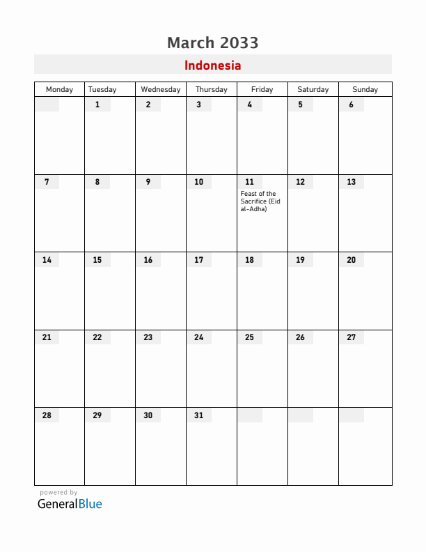 Indonesia March 2033 Calendar with Holidays
