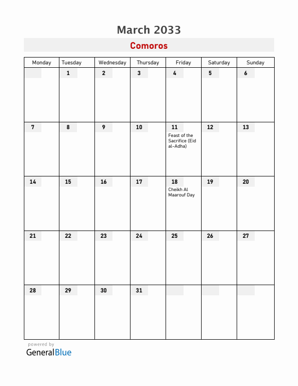 Comoros March 2033 Calendar with Holidays