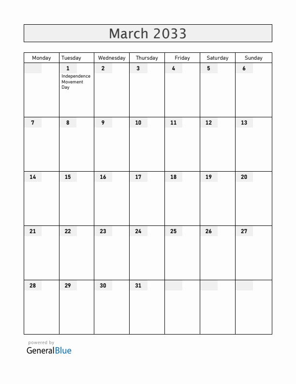 South Korea March 2033 Calendar with Holidays