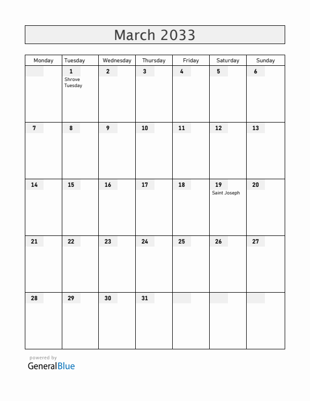 Liechtenstein March 2033 Calendar with Holidays