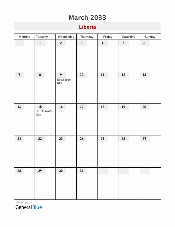 Liberia March 2033 Calendar with Holidays