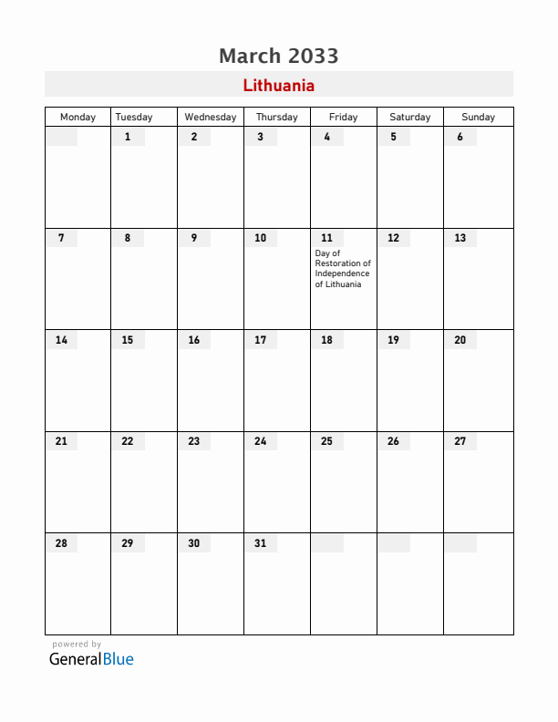 Lithuania March 2033 Calendar with Holidays