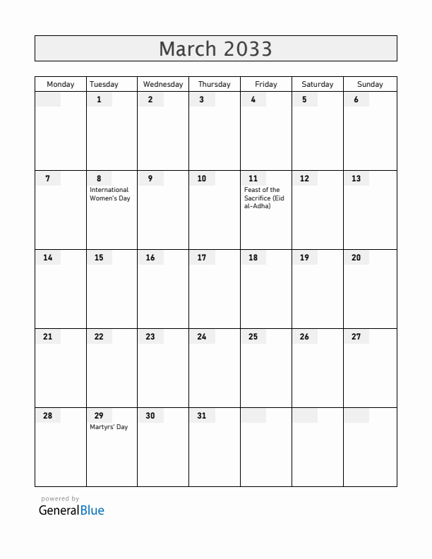 Madagascar March 2033 Calendar with Holidays
