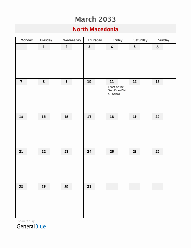 North Macedonia March 2033 Calendar with Holidays