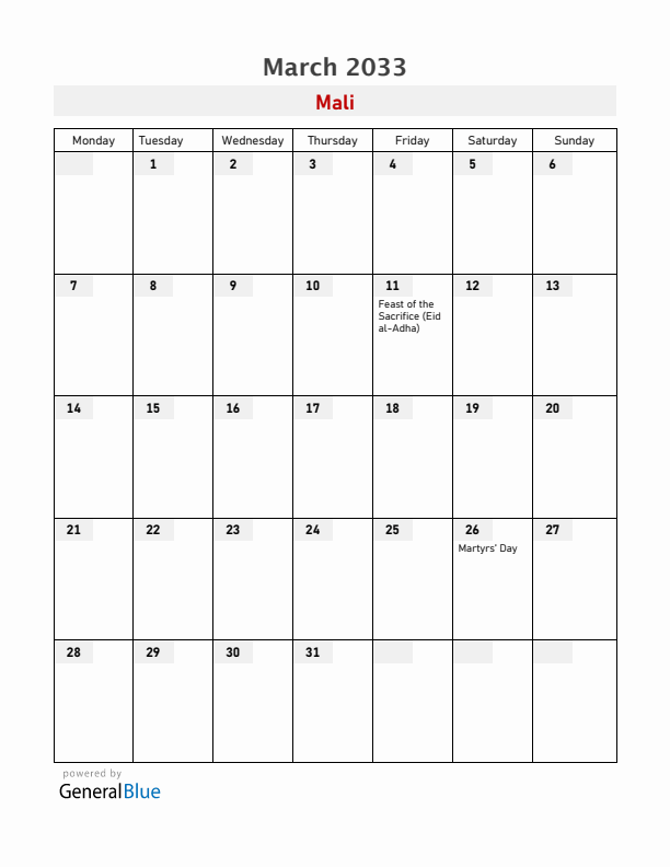 Mali March 2033 Calendar with Holidays