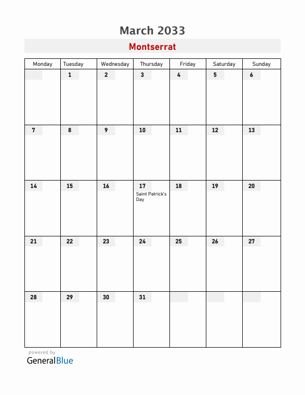 Montserrat March 2033 Calendar with Holidays