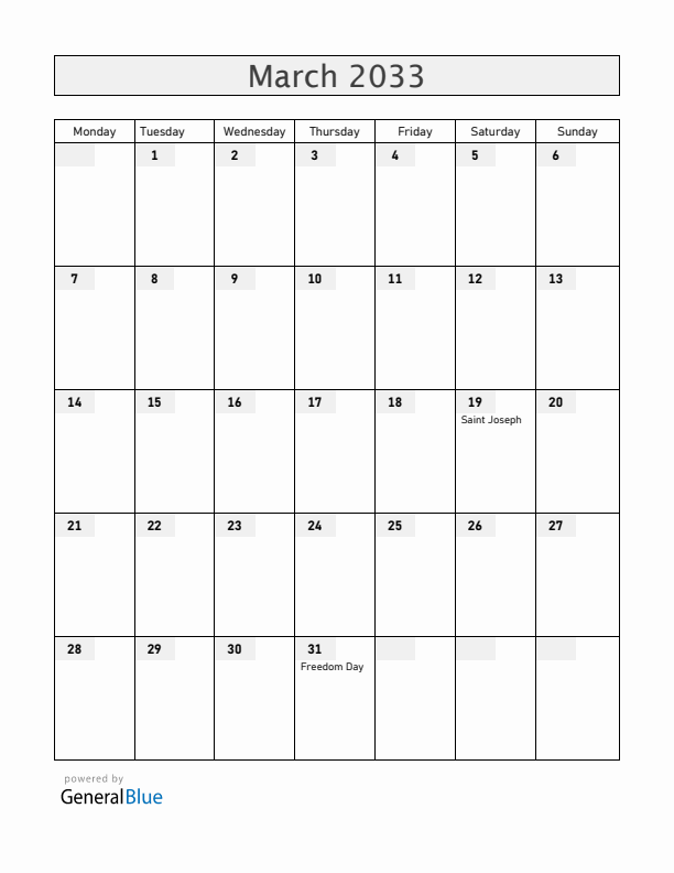 Malta March 2033 Calendar with Holidays