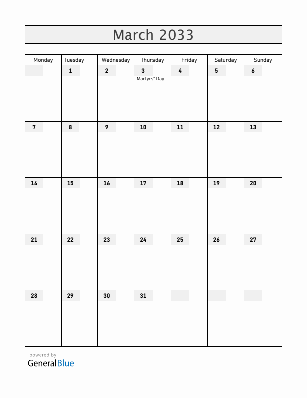 Malawi March 2033 Calendar with Holidays