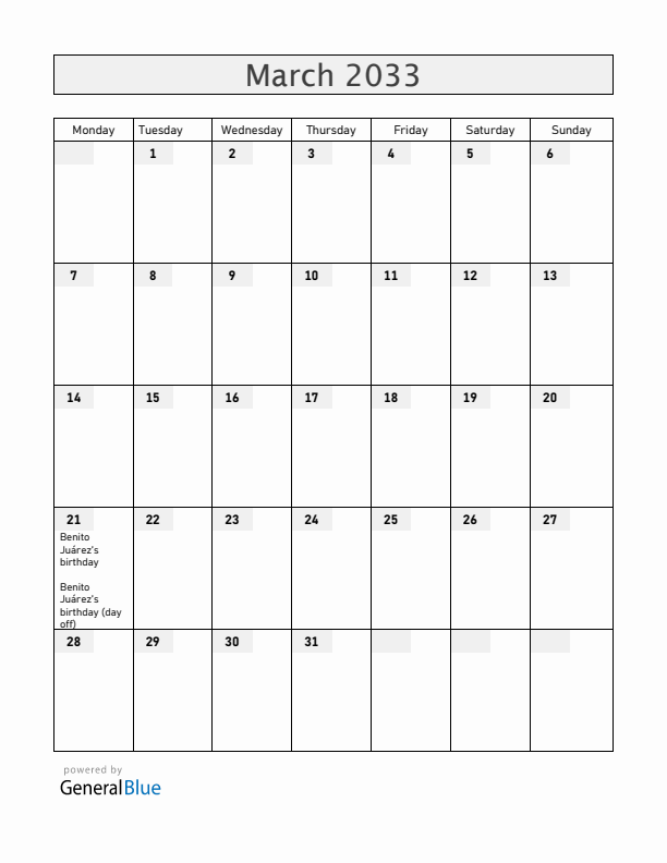 Mexico March 2033 Calendar with Holidays