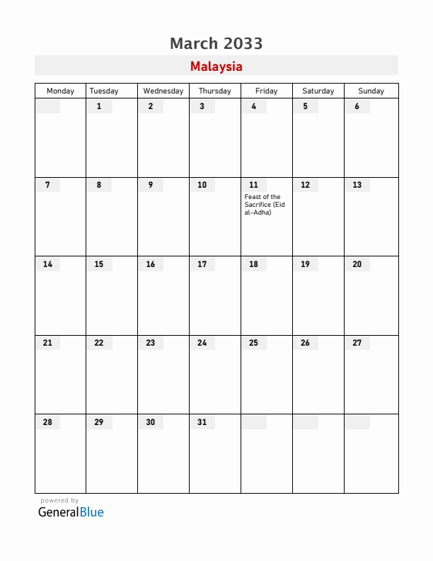 Malaysia March 2033 Calendar with Holidays