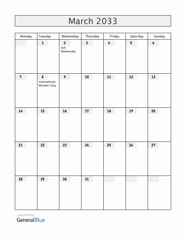 Norway March 2033 Calendar with Holidays