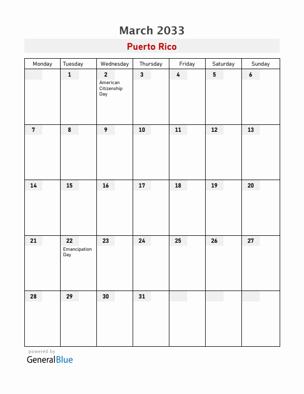 Puerto Rico March 2033 Calendar with Holidays
