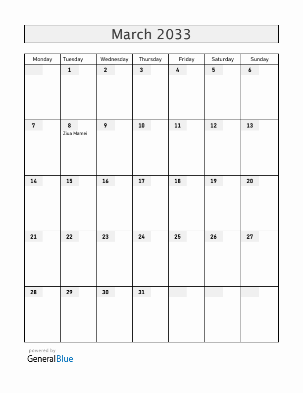 Romania March 2033 Calendar with Holidays
