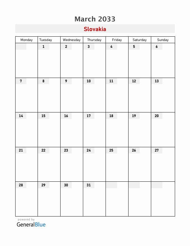 Slovakia March 2033 Calendar with Holidays