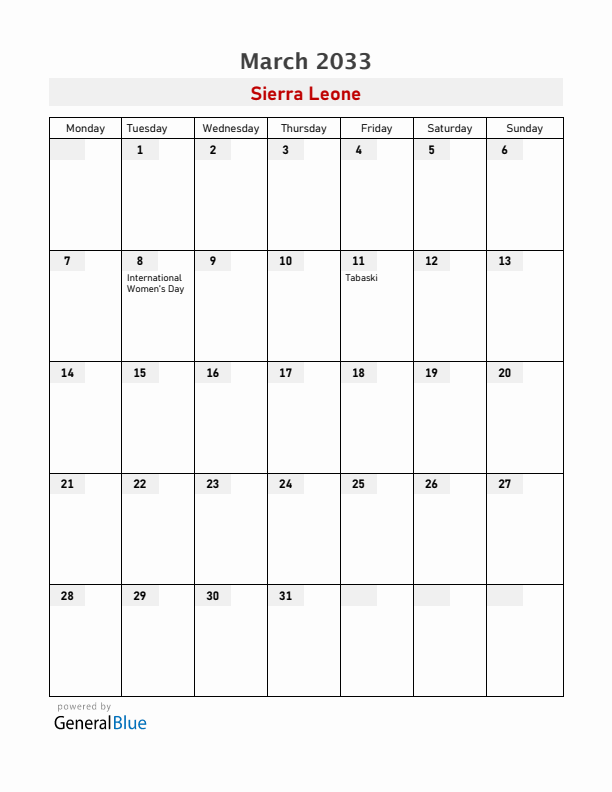 Sierra Leone March 2033 Calendar with Holidays