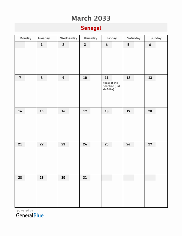 Senegal March 2033 Calendar with Holidays