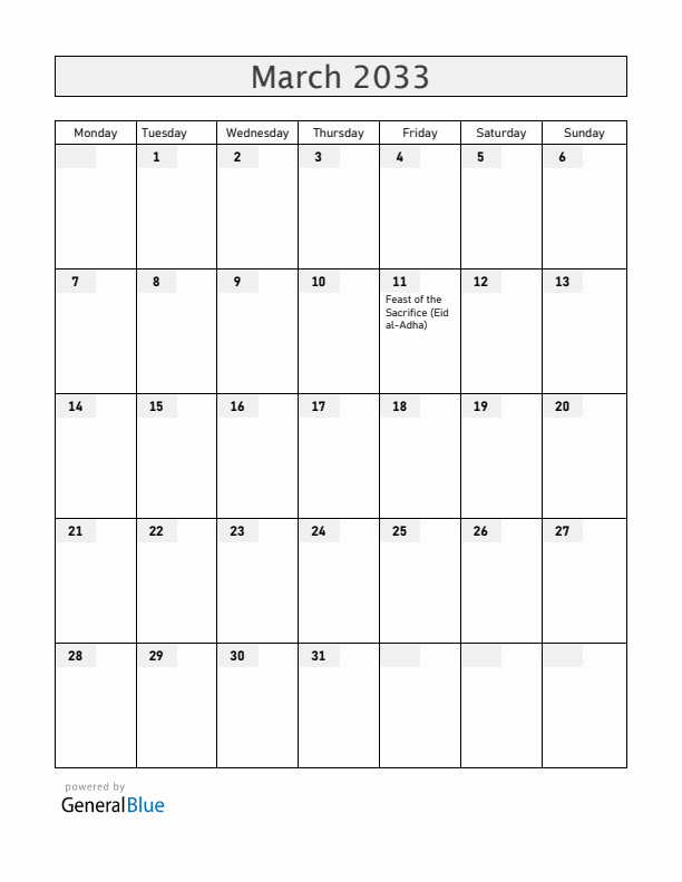 Somalia March 2033 Calendar with Holidays