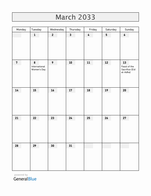 South Sudan March 2033 Calendar with Holidays