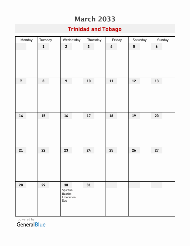 Trinidad and Tobago March 2033 Calendar with Holidays