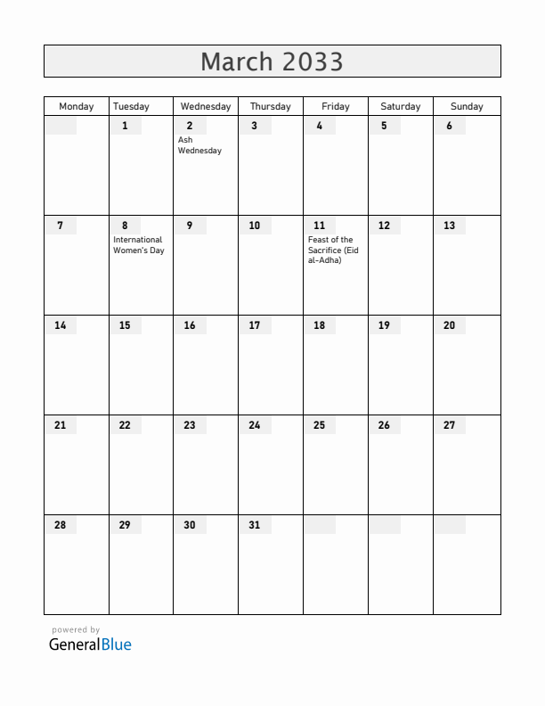 Uganda March 2033 Calendar with Holidays