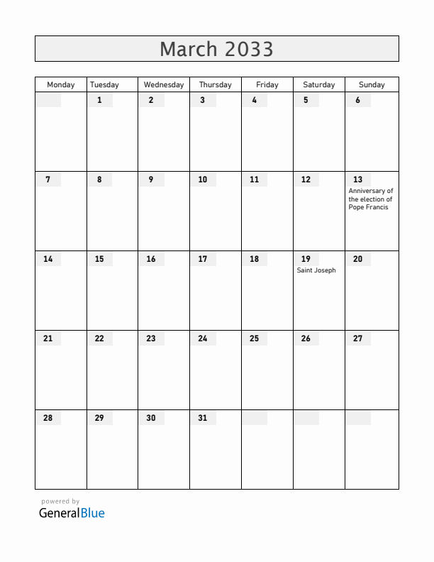 Vatican March 2033 Calendar with Holidays