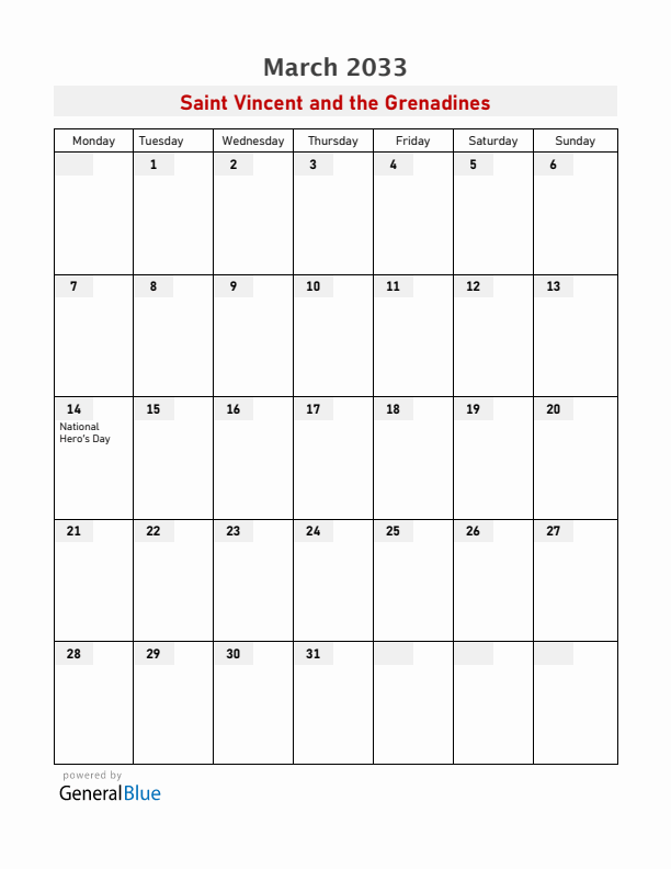 Saint Vincent and the Grenadines March 2033 Calendar with Holidays