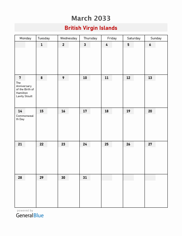 British Virgin Islands March 2033 Calendar with Holidays
