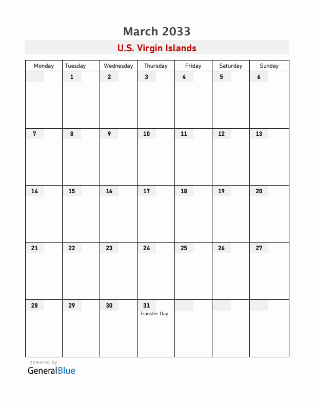 U.S. Virgin Islands March 2033 Calendar with Holidays