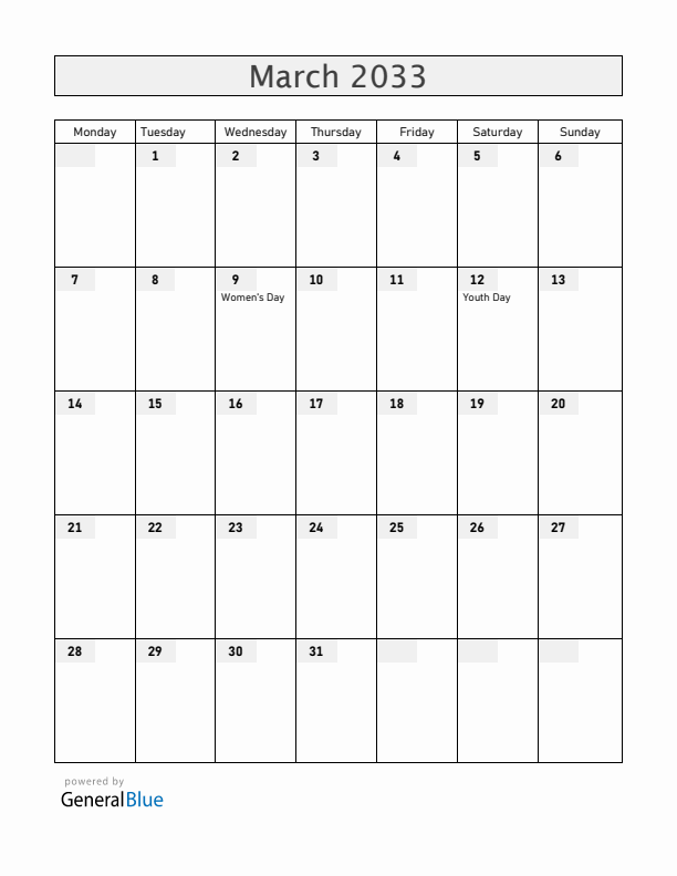 Zambia March 2033 Calendar with Holidays