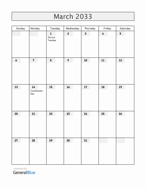 Andorra March 2033 Calendar with Holidays