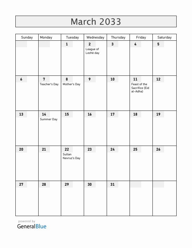 Albania March 2033 Calendar with Holidays