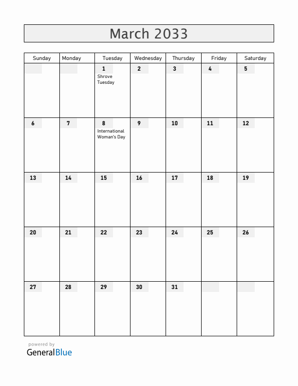 Angola March 2033 Calendar with Holidays