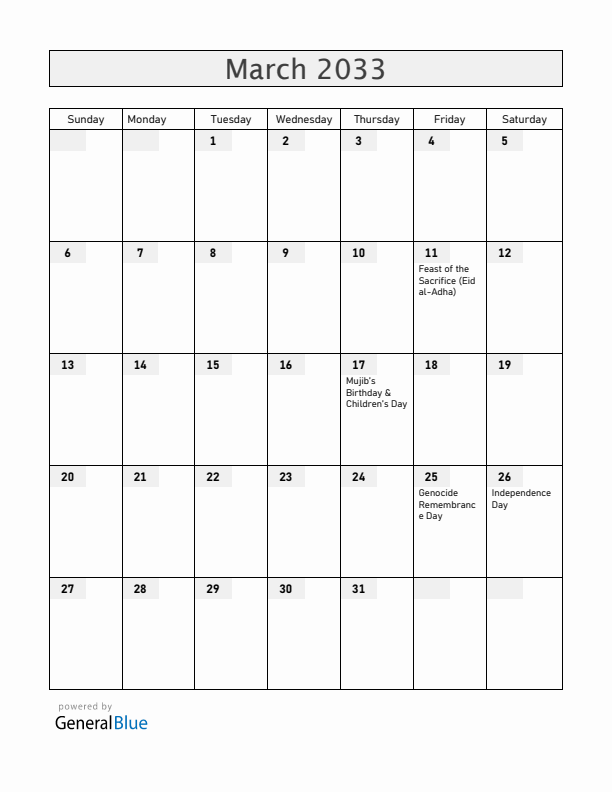 Bangladesh March 2033 Calendar with Holidays