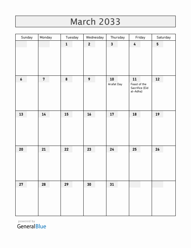 Bahrain March 2033 Calendar with Holidays