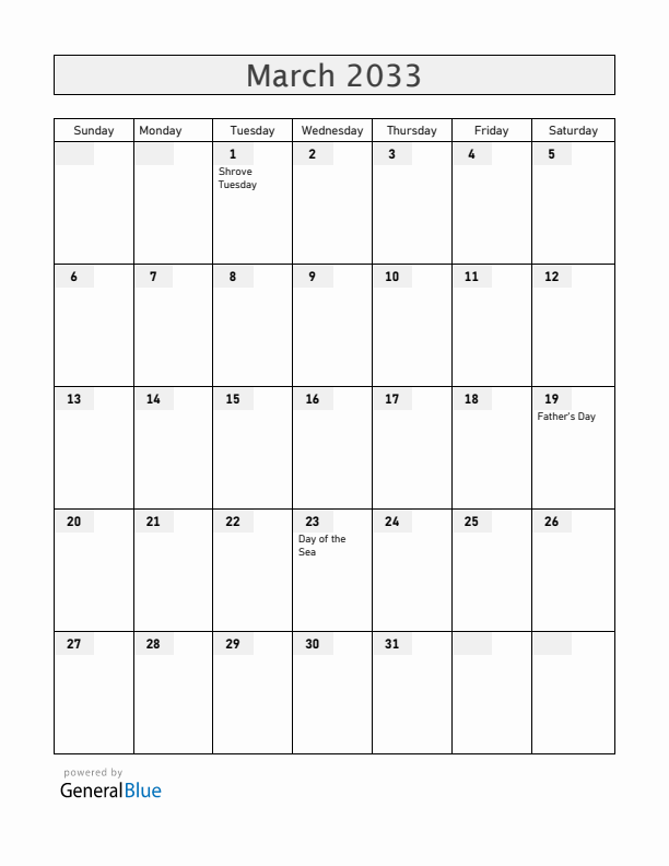 Bolivia March 2033 Calendar with Holidays