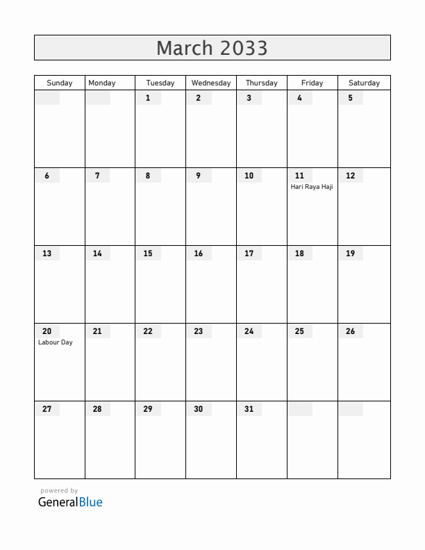 Cocos Islands March 2033 Calendar with Holidays