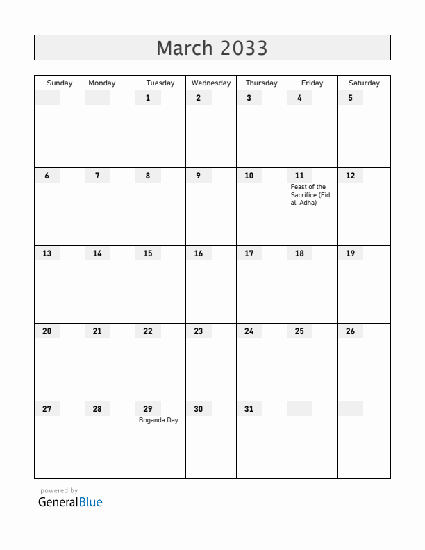 Central African Republic March 2033 Calendar with Holidays