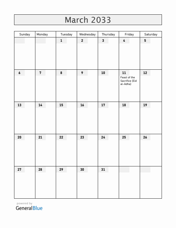 Cameroon March 2033 Calendar with Holidays
