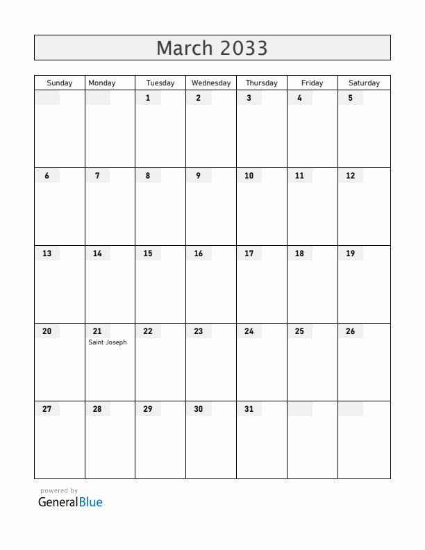 Colombia March 2033 Calendar with Holidays