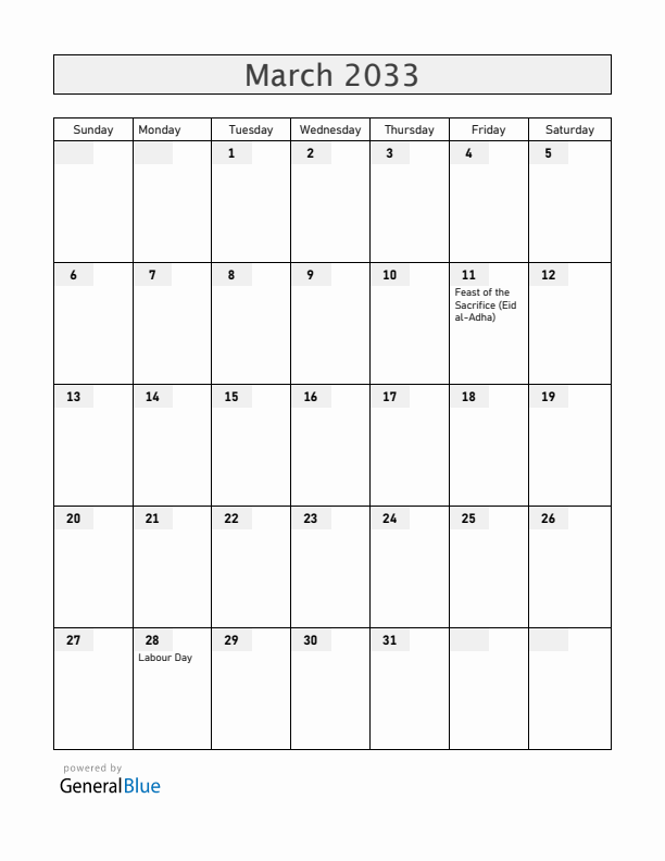 Christmas Island March 2033 Calendar with Holidays